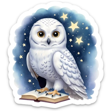 A hand-drawn fantasy illustration of Hedwig, Harry Potter’s snowy owl, with soft watercolor style, gentle pastel tones, magical sparkles in the air, cozy wizarding atmosphere, storybook illustration, high detail, whimsical and warm mood. sticker