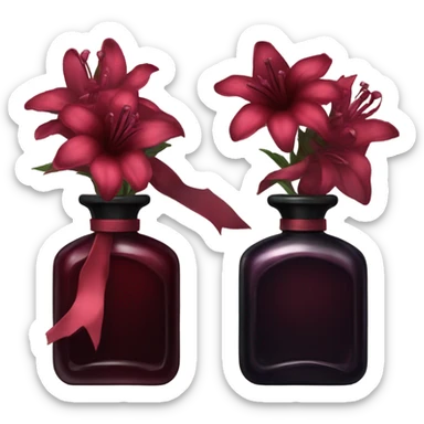 Dark red gothic perfume bottle with red bellflowers and a black ribbon sticker