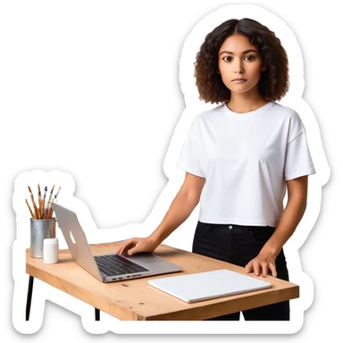 A person is **standing up from their desk**, a determined look on their face. In front of them is a **blank canvas, an open laptop, or a workbench**—a symbol of **taking action**. Their **future self**, glowing with confidence, is **guiding their hands as they type, paint, build, or create something sticker