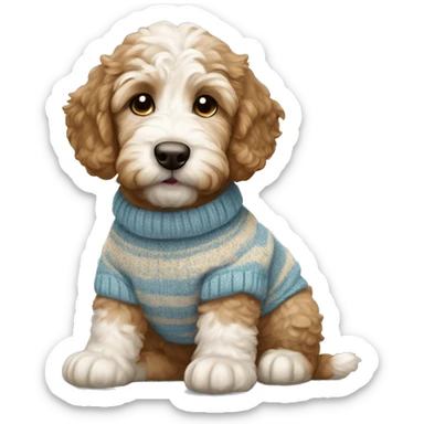 Little brown and white golden doodle puppy wearing a sweater sticker
