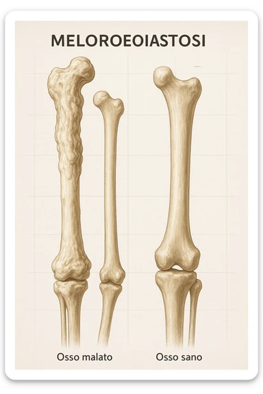 A highly realistic medical illustration focusing on a human arm and leg bones affected by melorheostosis. The bones appear visibly thickened, irregular, and larger than normal, with clear, layered bone growth resembling melted wax dripping down the side of the bones. The image shows a side-by-side comparison with a healthy bone for clarity, highlighting the difference in size and texture. The color palette includes neutral bone colors with subtle shading to show the abnormal contours and ridges. The background is clean and minimalistic, with faint anatomical grid lines for a scientific, educational feel. The overall mood is informative and precise, conveying the key visual characteristic of melorheostosis: progressive bone thickening that makes bones visibly larger and irregular. in italiano sticker