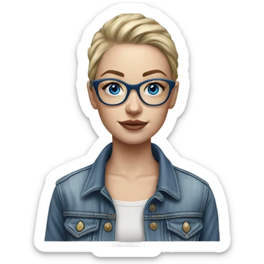 Hyper Realistic pale beautiful tattooed woman with glasses and blue eyes wearing denim jacket sticker