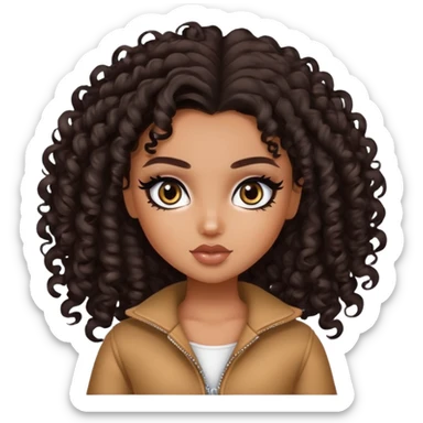 pretty bratz girl, curly dark brown hair, dark brown eyes, black eyeliner, tan skin sticker