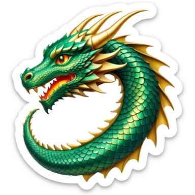 cinematic-noble-dragon-portrait-emoji,-poised-and-majestic,-with-a-sinuous,-elongated-body-covered-in-intricately-detailed,-shimmering-scales-in-hues-of-emerald-and-gold,-and-piercing,-fiery-eyes-that-reflect-ancient-wisdom; sticker