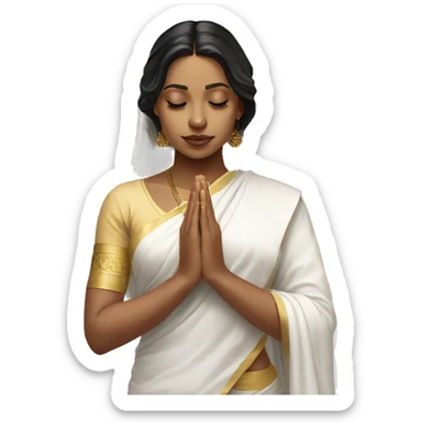 Light skin ;Black long hair wearing white saree praying infront a white temple sticker