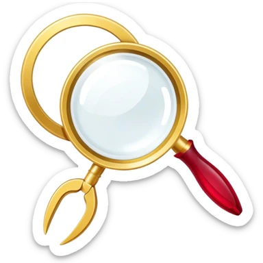 Jewelry art icon. A ring with a golden ruby through magnifying glass and pliers. Minimalistic style, clean lines, transparent background. sticker