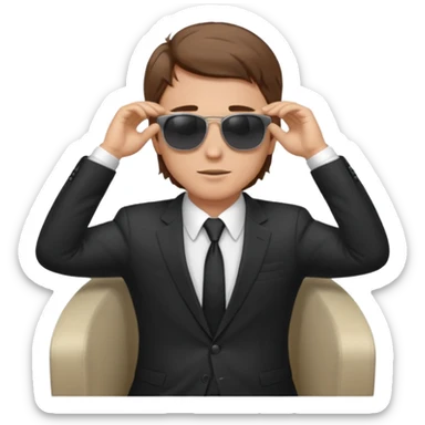 a white man, brown hairs, in formal suit wearing sunglasses resting with hands behind head sticker