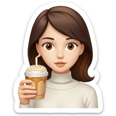 white brunette with brown eyes and a white outfit, drinking a caramel machiatto sticker