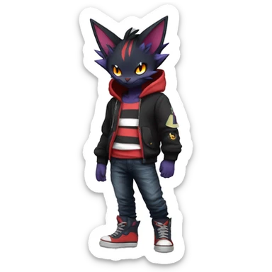 Cool Anthro Black Noibat-Quilava-Litten-Pokémon with edgy stripes hoodie spiked collar punk Full Body sticker