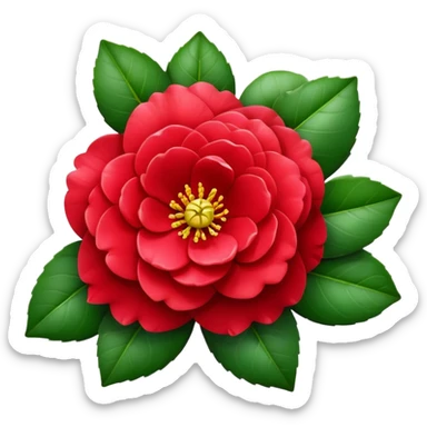 Beautiful red camellia flower with layered petals and glossy green leaves sticker
