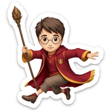 Cartoon-style illustration of Harry Potter flying on a broomstick, Gryffindor red and gold outfit, expressive face, dynamic motion, magical vibe, smooth shading, vibrant colors, no background, transparent background, isolated character. sticker