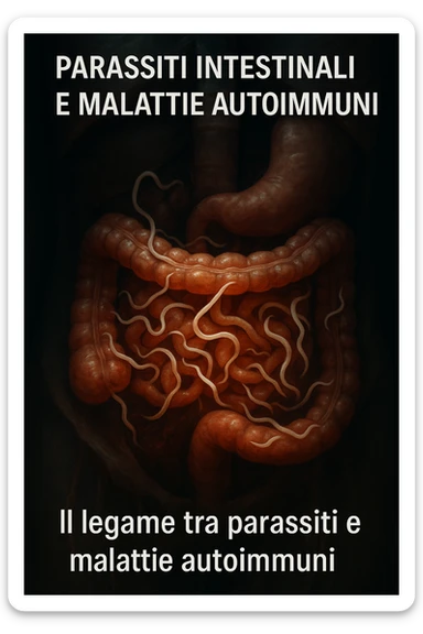 Vertical, realistic, and cinematic image in Italian focusing on intestinal parasites, highlighted affected organs, and captions in Italian explaining the link between parasites and autoimmune diseases. Dramatic clinical lighting, aspect ratio 2:3. sticker