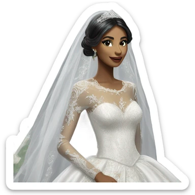 Hyper Realistic ornate ballgown long sleeve Wedding dress with diamanté on bride with green eyes and long black hair with veil sticker