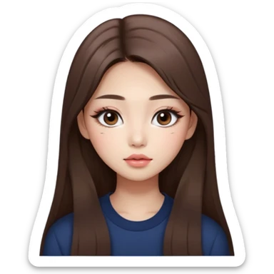 “korean straight long brown hair Emoji girl, soft eyeliner and blush, gradient lips, light brown shimmer eyeshadow sticker
