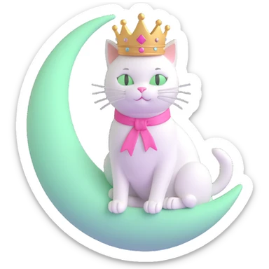 A white cat with a pink ribbon and a crown sitting on a pale green moon, in 3D emoji style, with a transparent background as requested. sticker