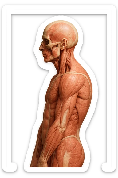 corpo UMANO ANATOMICO di profilo con spalle chiuse in avanti, postura errata, iperrealistico 4k sticker