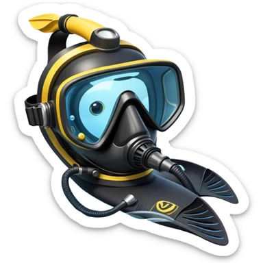 An icon featuring a close-up of a scuba mask, snorkel, and diving fins, with bubbles rising from the gear. The design includes a wetsuit and underwater light rays filtering through the water. Transparent background highlights the essence of diving and underwater exploration. sticker
