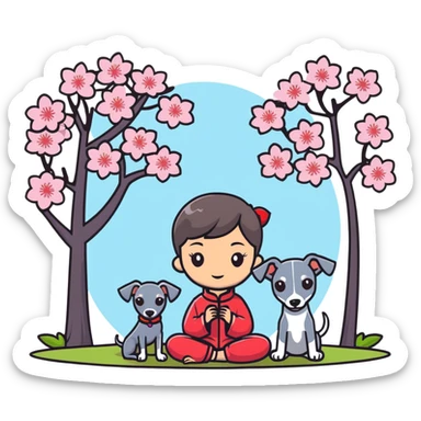 A young Chinese girl and a grey Italian Greyhound sitting under a cherry blossom tree sticker