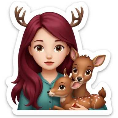 Beautiful burgundy long haired girl and baby deer sticker