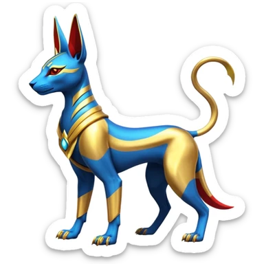 Modern futuristic shiny colorful Anubis-Sphynx-Lombax-Zeraora-Renamon-fusion (full body) sticker