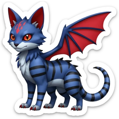 Vampiric scary spooky dark gloomy evil cute midnight blue-gray-black, with red markings, white belly, scaley scaly batty feline-like quadrupedal digitigrade furry feral Bastet-Noibat-Gatomon-Garchomp-Digimon-Fakémon-Pokémon-creature (full body) sticker