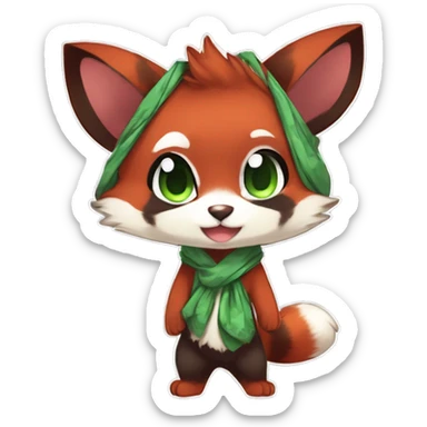 Cute, Chibi, Kemono-style, Anthro, Fur-Sona, Dark-Red, RedPanda-Mouse-hybrid-Transformice-Fakémon, with a green bandana, full body sticker