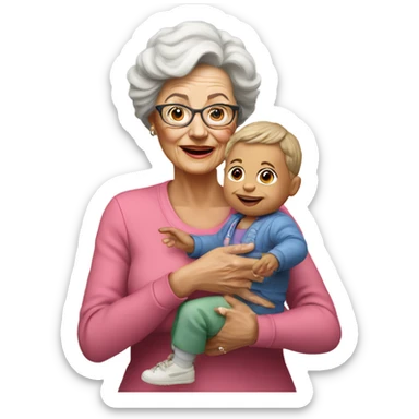 Create a 3d hyper realistic photo of a senior woman holding a toddler  sticker