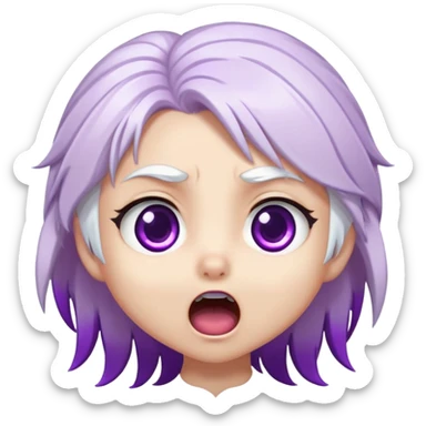 Chibi Sable Ward with shocked expression, wide purple eyes, mouth in an O shape, white hair with purple streaks, surprised look sticker