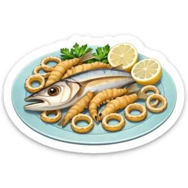 apple style ios emoji cute minimal plate of pescaito frito golden fried anchovies calamari rings small whole fish lemon wedges parsley garnish warm appetizing colors soft shading sticker
