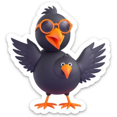 cartoonish 3D emoji of a black bird with a large orange beak and oversized round sunglasses, standing in the same pose as the reference image, with a playful expression sticker