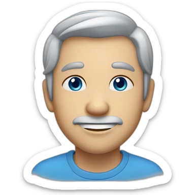 Grey hair, thinning on top, blue eyes, dimple on right cheek, gap between upper two front teeth sticker