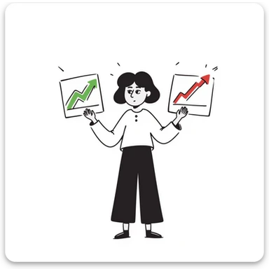 Girl holding chart with rising green graph line in right hand and holding another chart with falling red graph line in left hand sticker