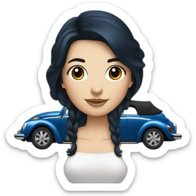 dark blue volkswagen coccinelle convertible with female dark hair driver sticker