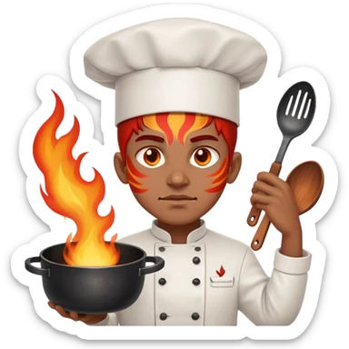 proud chef with blazing fire eyes, crossing two skillets across chest like a warrior sticker