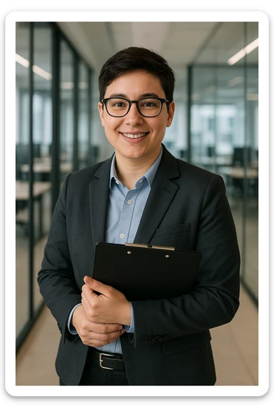 gender neutral marketer with glasses, professional attire, holding a clipboard, friendly expression, modern office background sticker