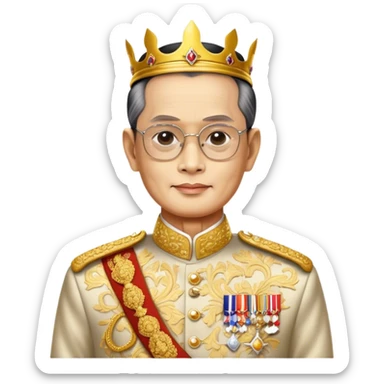 Cinematic Realistic King Bhumibol Adulyadej Portrait Emoji, depicted as a revered Thai monarch with a dignified expression and traditional royal attire, rendered with lifelike textures and soft regal lighting that captures his lasting legacy. sticker