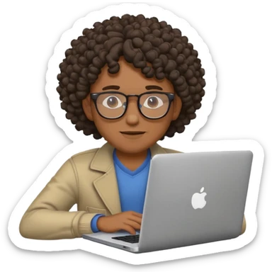 Black man with curly hair and glasses sitting with a laptop in front, emoji style sticker