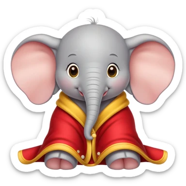 baby white dumbo elephant (disney-style), cozy in a red blanket with yellow trim, cute sticker