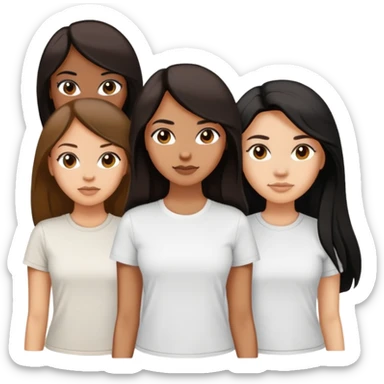 Three women, light skin with dark brown long hair, tan skin black long hair, and tan skin dark brown short hair, white tee sticker