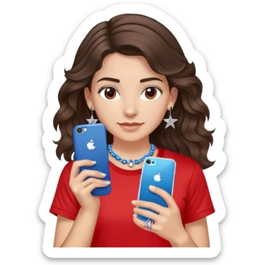 brunette girl with wavy medium length hair, brown eyes, light/medium skin tone, holding iPhone and light phone, wearing red Adidas t-shirt, small silver hoop earrings with blue gem stars, and a different colorful beaded charm necklace sticker