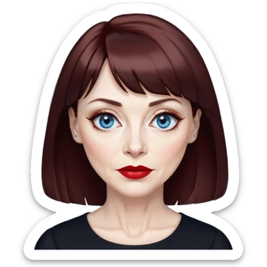 Artistic woman in her late 50s with pale skin, wider face, visible age lines around eyes and mouth, blue eyes with eyeliner, thin eyebrows, red lipstick, dark auburn hair with bangs styled more conservatively, wearing a black top sticker