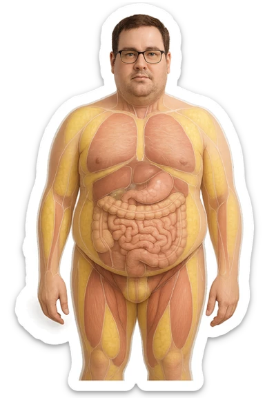 an adult man with a visibly overweight physique stands in a clinical setting. Semi-transparent overlays highlight areas of fat accumulation, especially around the abdomen, chest, and thighs. The fat tissue is shown in yellow, contrasting with underlying muscles and organs. The background is clean and modern, emphasizing the educational aspect. sticker