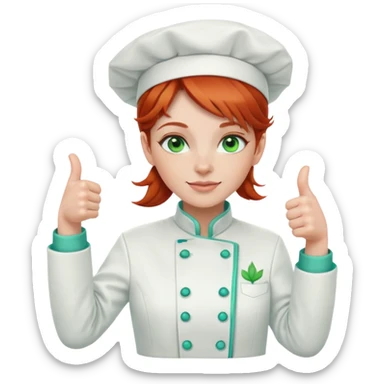 Redhead girl Chef with green eyes wearing a white jacket with aqua trim, giving a thumbs up sticker