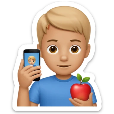 A little kid holding a phone, apple style emoji, wearing a blue shirt. sticker