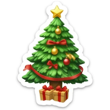 Christmas tree with cute decorations and red bow and snow sticker