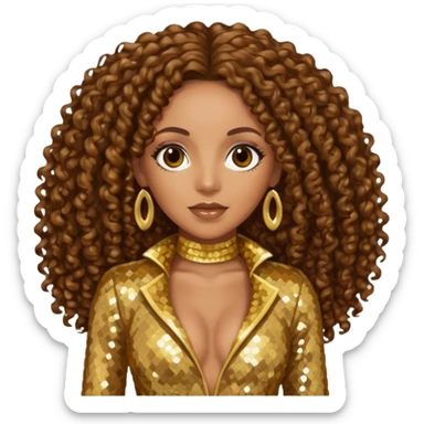 Melanie Brown with brown long curly hair, gold outfit sticker