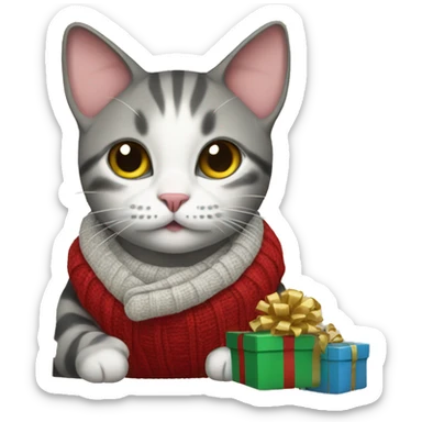 cat in a sweater with lots of wrapped presents sticker