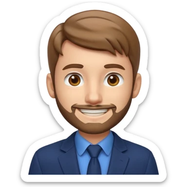 Emoji 3D estilo Apple de um jovem com pele clara, cabelo castanho claro, olhos castanho escuro, barba rala, sorrindo, de blazer elegante e brinco prateado. sticker