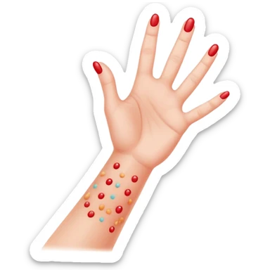 Allergy skin prick test on forearm with small red bumps showing reactions to different allergens, with 5 fingers of the hand visible sticker