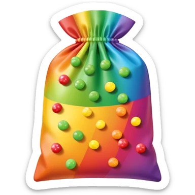 Flat design minimalist Skittles pouch with simple rainbow gradient and a small handful of green candies arranged in a neat pattern. sticker